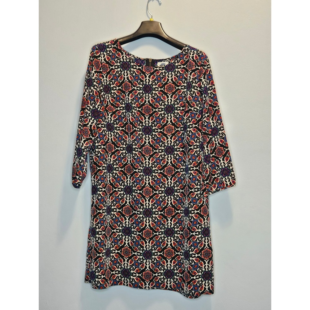 Old Navy Womens Floral Kaleidoscope Shift Dress 3/4 Sleeve Black Tan Orange Larg